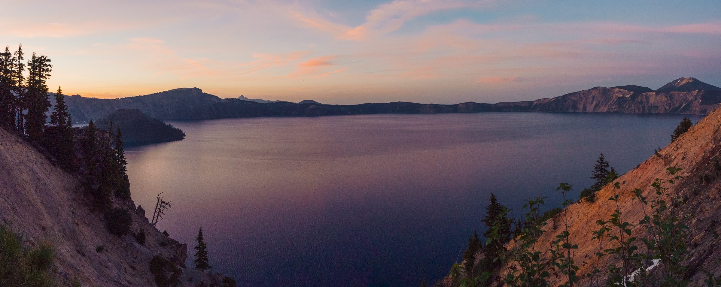 Crater Lake at dusk, seen from the caldera rim