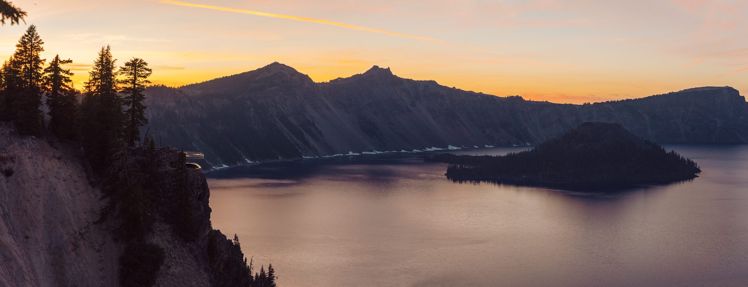 Crater Lake at sunrise, Wizard Island in golden light