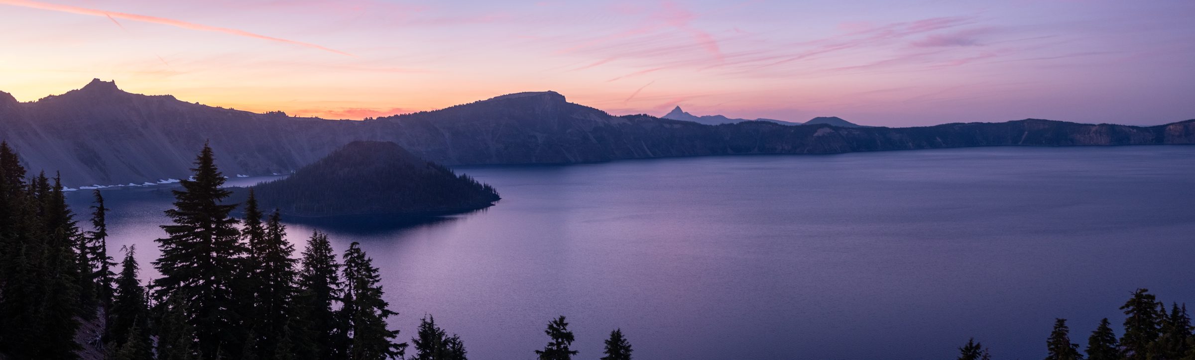 Crater Lake at twilight, wide view across the caldera