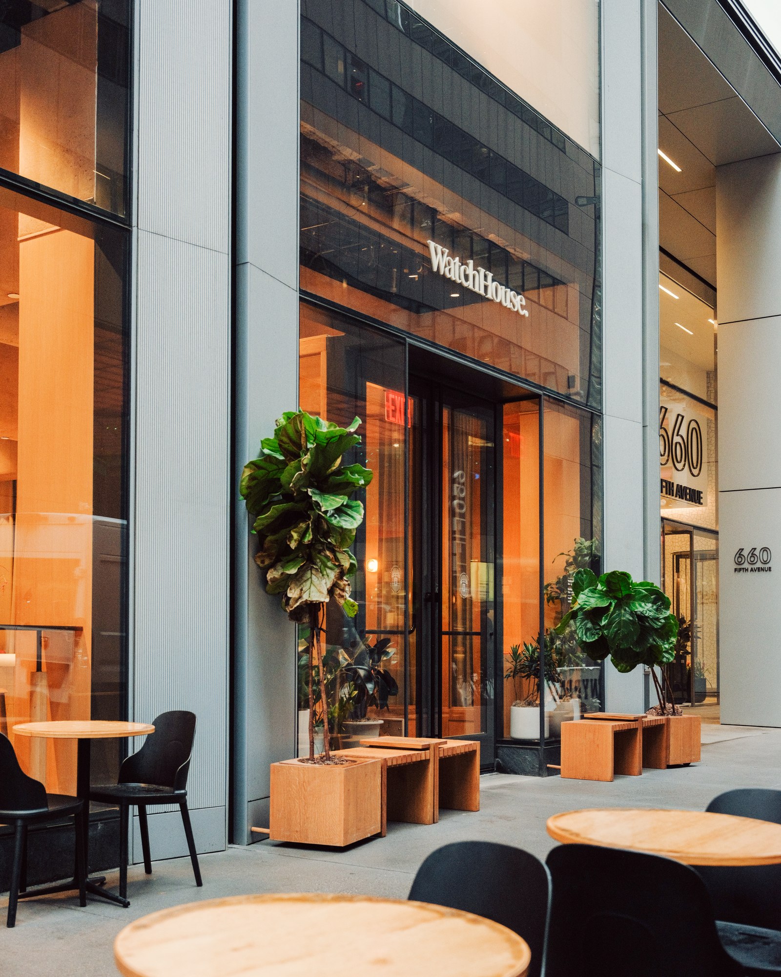 WatchHouse coffee storefront on Fifth Avenue, New York, at evening